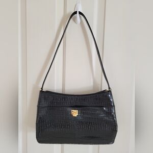 Etienne Aigner Black Leather Gold Details Zip-up Croco-Style Purse Handbag